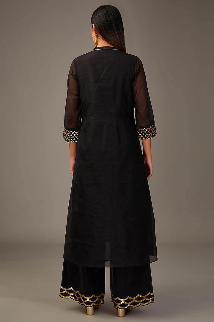 Black Chanderi Sequins Embroidered Kurta Set by POULI at Pernia's Pop Up Shop