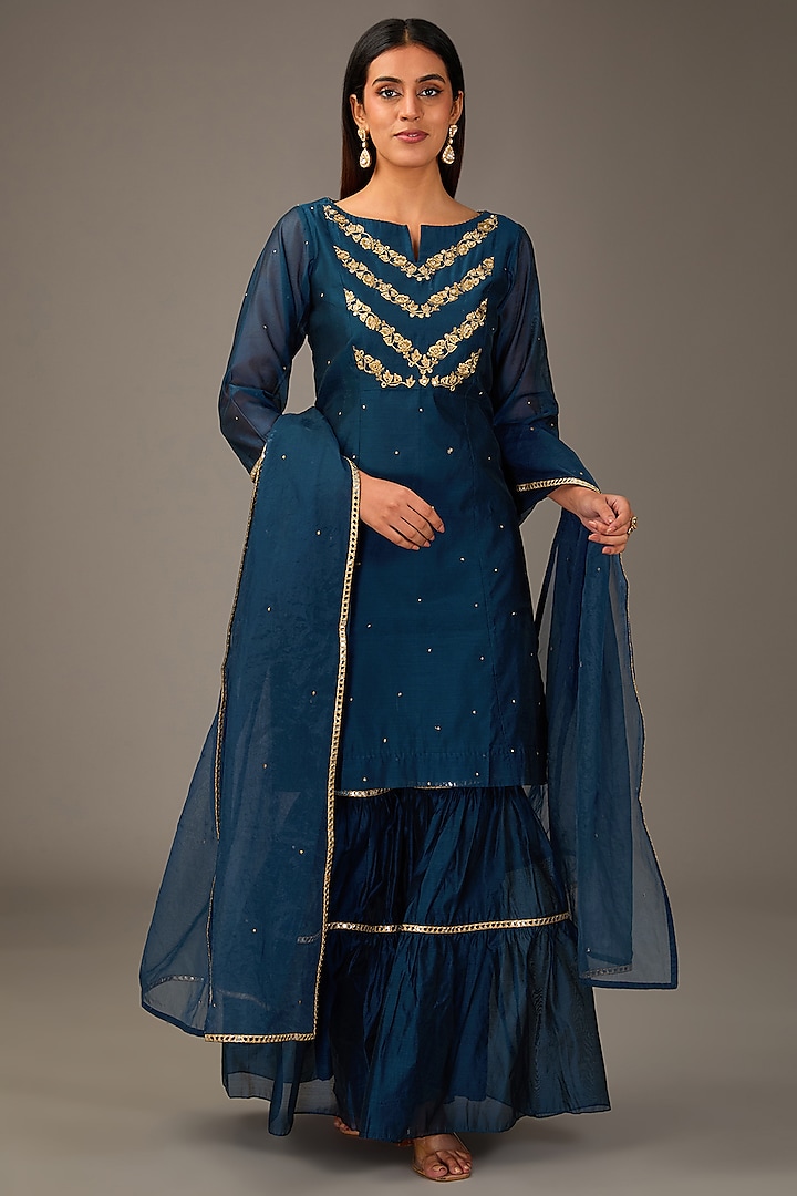 Blue Chanderi Gharara Set by Pouli Pret at Pernia's Pop Up Shop