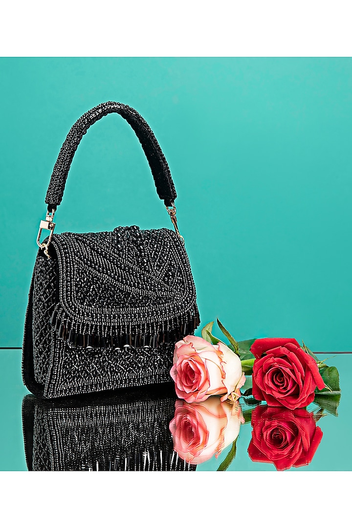 Black Velvet Embellished Mini Hand Bag by POUT AT NINE