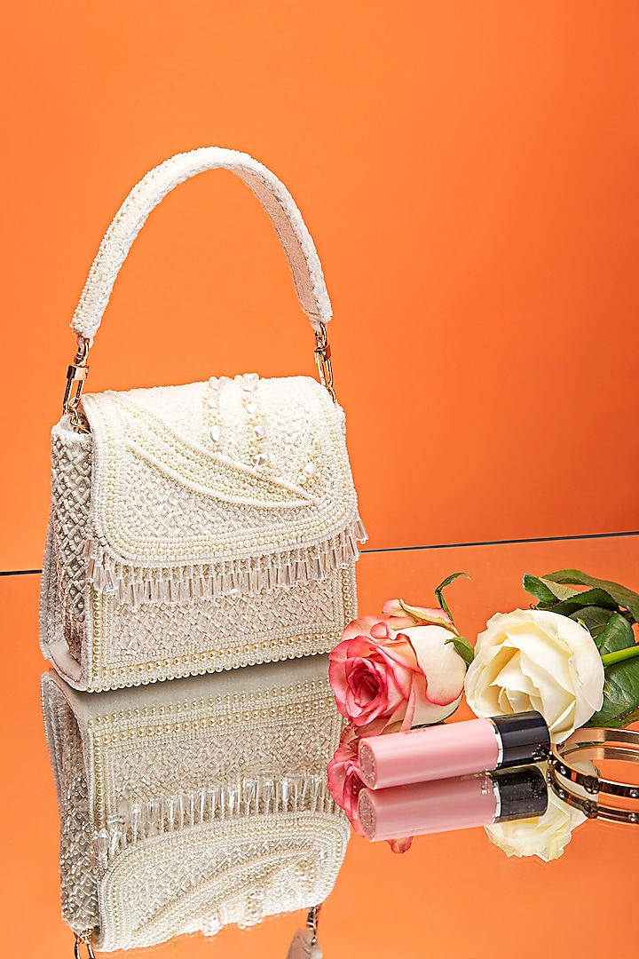White Velvet Embellished Mini Hand Bag by POUT AT NINE