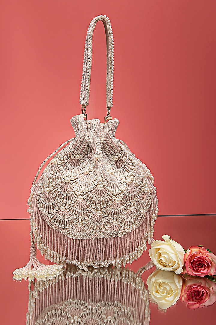 Pink Velvet Bead & Pearl Embellished Potli Bag by POUT AT NINE