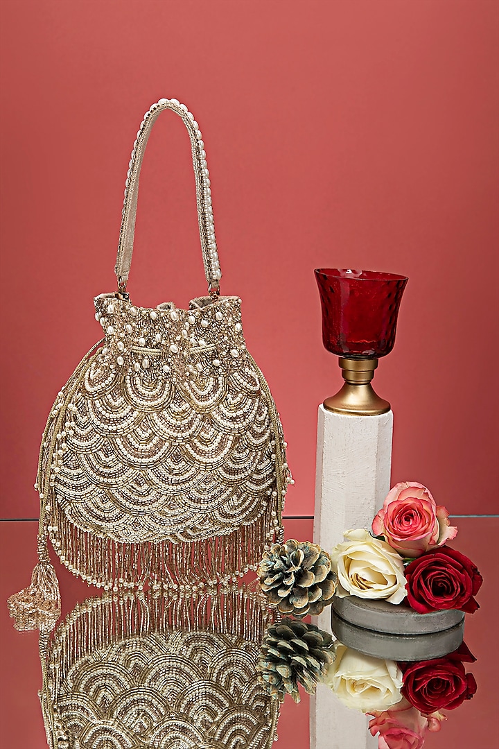 Gold Velvet Pearl & Nalki Embellished Potli Bag by POUT AT NINE