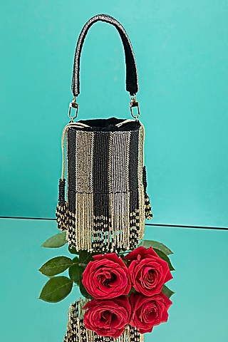 Black Velvet Bead Embellished Round Mini Potli Bag by POUT AT NINE
