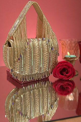 Gold Faux Leather Sequin Embellished Round Body Bag by POUT AT NINE