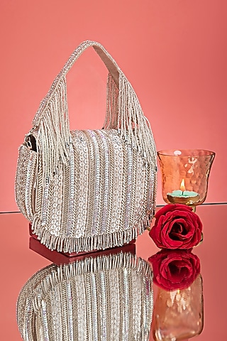 Silver Faux Leather Sequin Embellished Round Body Bag by POUT AT NINE