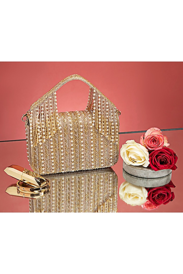 Gold Faux Leather Pearl & Bead Embellished Hand bag by POUT AT NINE