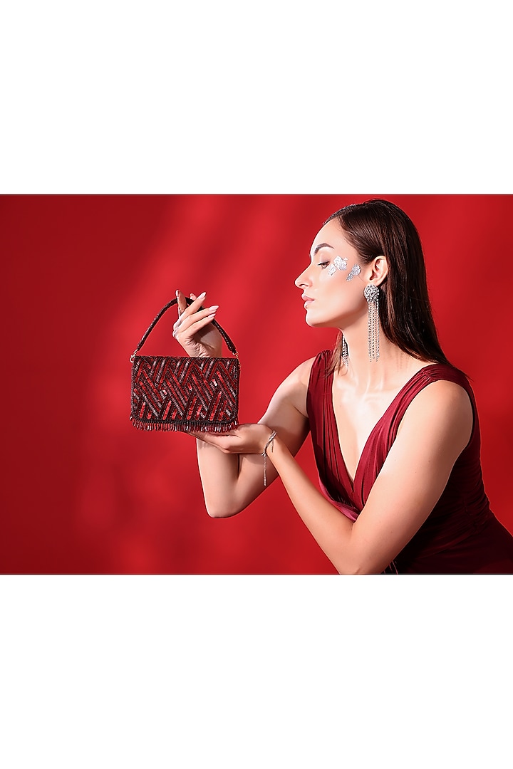 Maroon Velvet Embellished Handbag by POUT AT NINE at Pernia's Pop Up Shop