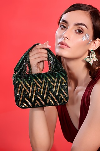 Green Velvet Embellished Handbag by POUT AT NINE