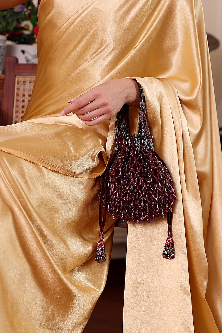 Maroon Velvet Embellished Potli by POUT AT NINE at Pernia's Pop Up Shop