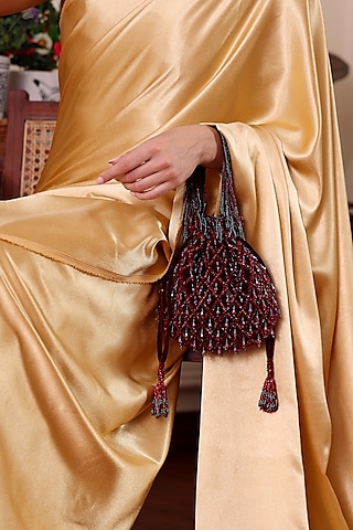 Maroon Velvet Embellished Potli by POUT AT NINE