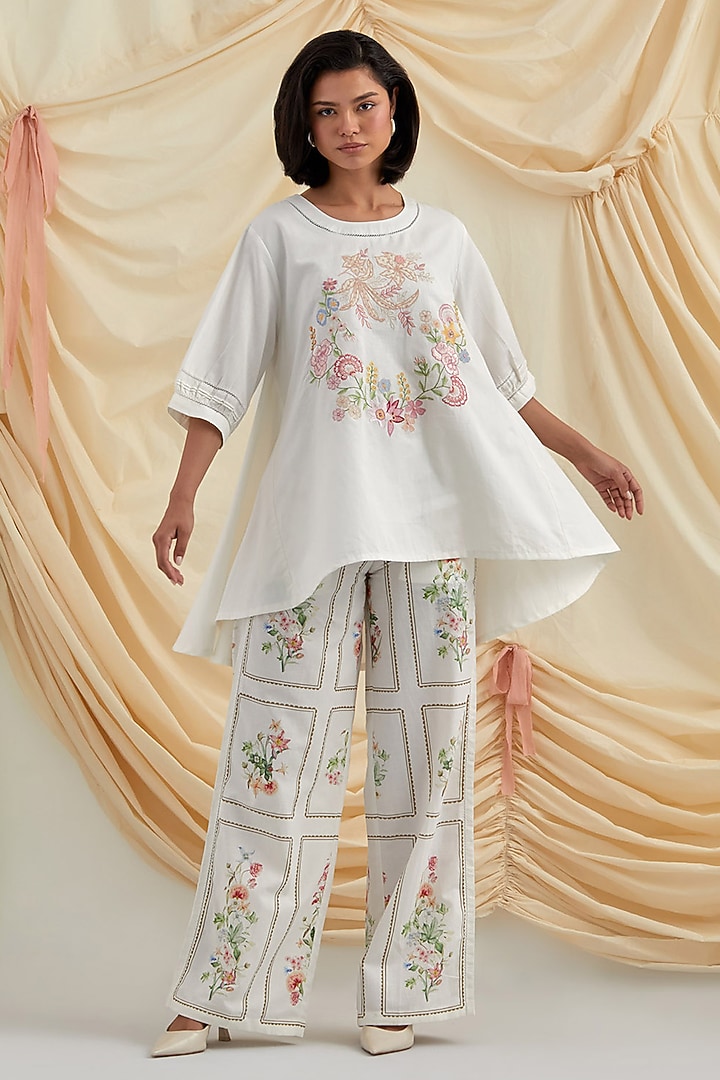White Cotton Hemp Floral Embroidered Co-Ord Set by POZRUH at Pernia's Pop Up Shop