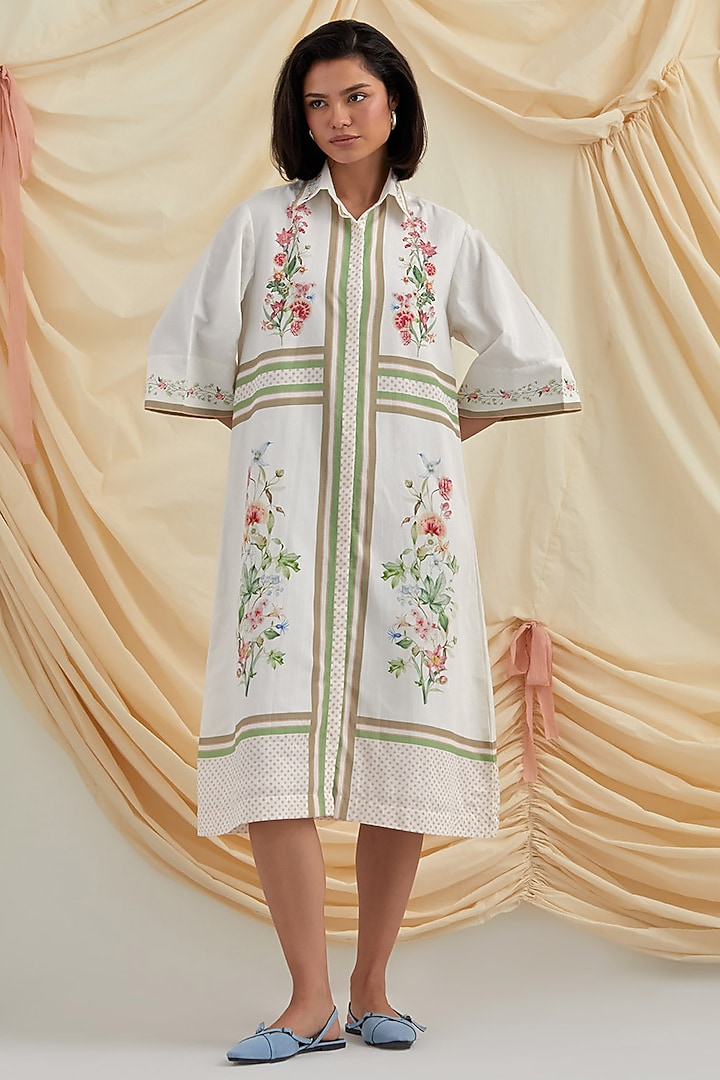 White Cotton Hemp Floral Hand Embroidered Summer Shirt Dress by POZRUH at Pernia's Pop Up Shop