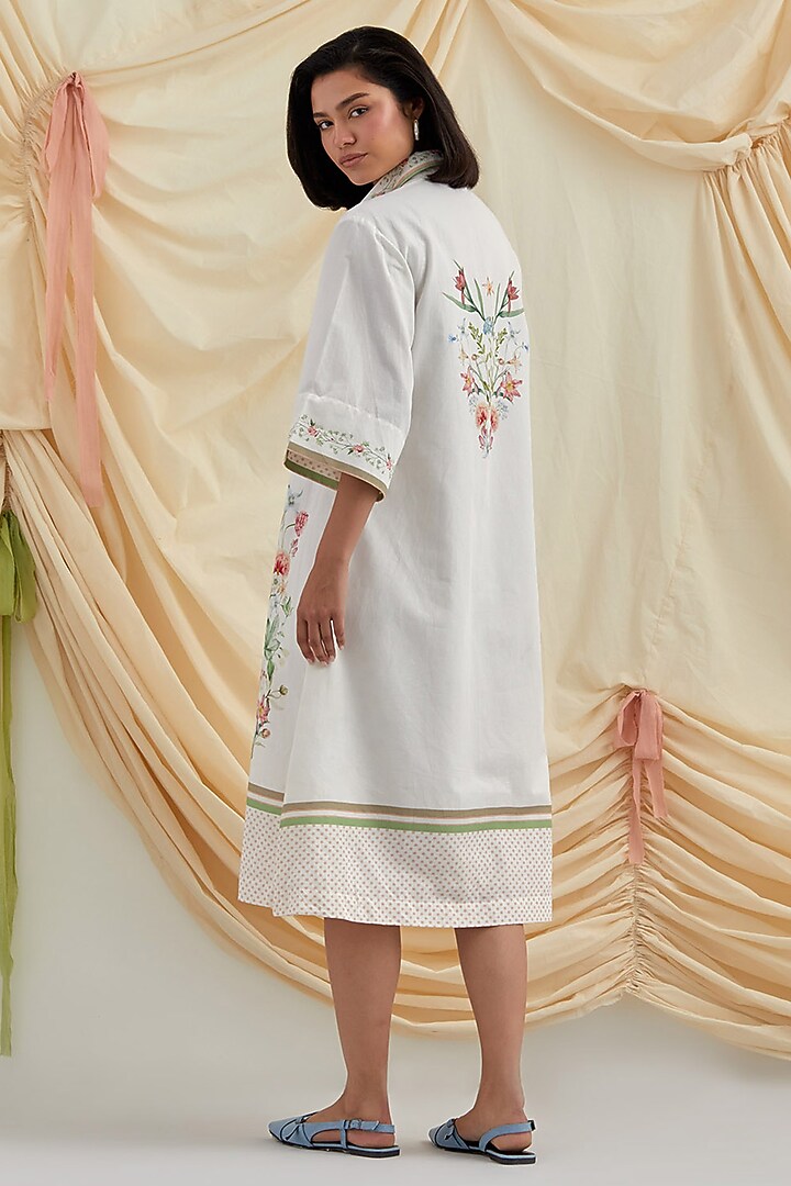 White Cotton Hemp Floral Hand Embroidered Summer Shirt Dress by POZRUH at Pernia's Pop Up Shop
