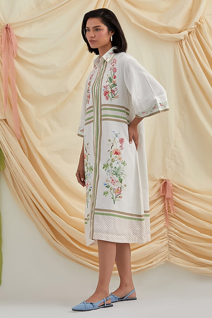 White Cotton Hemp Floral Hand Embroidered Summer Shirt Dress by POZRUH at Pernia's Pop Up Shop