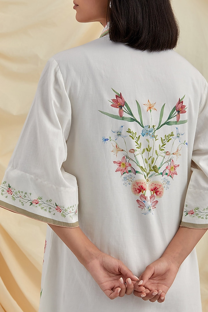 White Cotton Hemp Floral Hand Embroidered Summer Shirt Dress by POZRUH at Pernia's Pop Up Shop