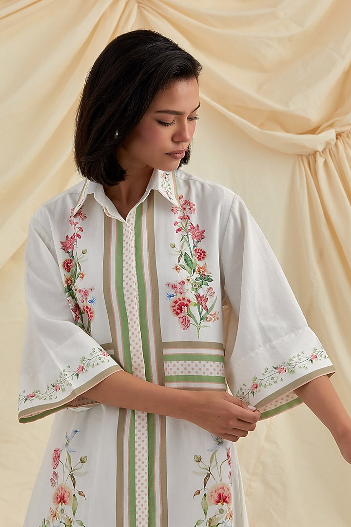 White Cotton Hemp Floral Hand Embroidered Summer Shirt Dress by POZRUH at Pernia's Pop Up Shop