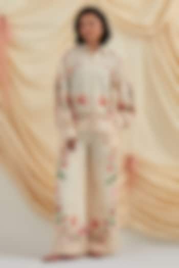 Peach Pink Linen Vegan Silk Floral Embroidered Co-Ord Set by POZRUH at Pernia's Pop Up Shop