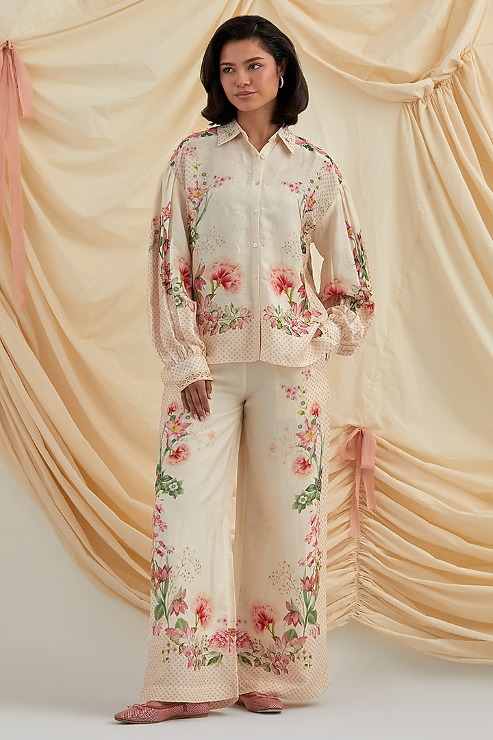 Peach Pink Linen Vegan Silk Floral Embroidered Co-Ord Set by POZRUH at Pernia's Pop Up Shop