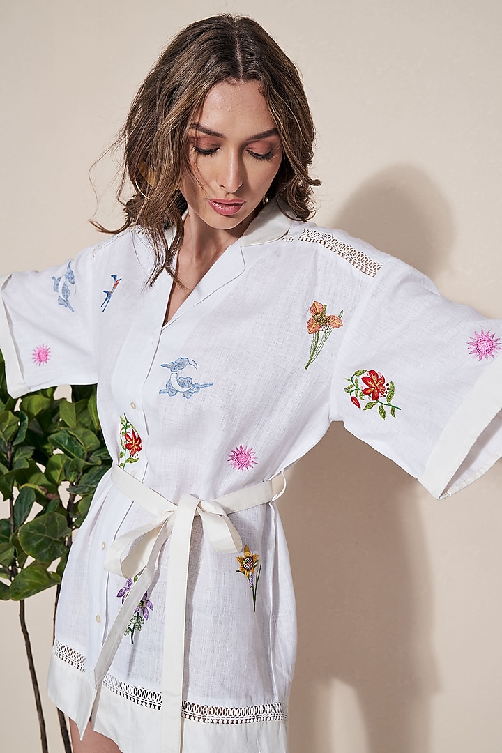 White Pure Hemp Floral Embroidered Mini Summer Dress by POZRUH at Pernia's Pop Up Shop