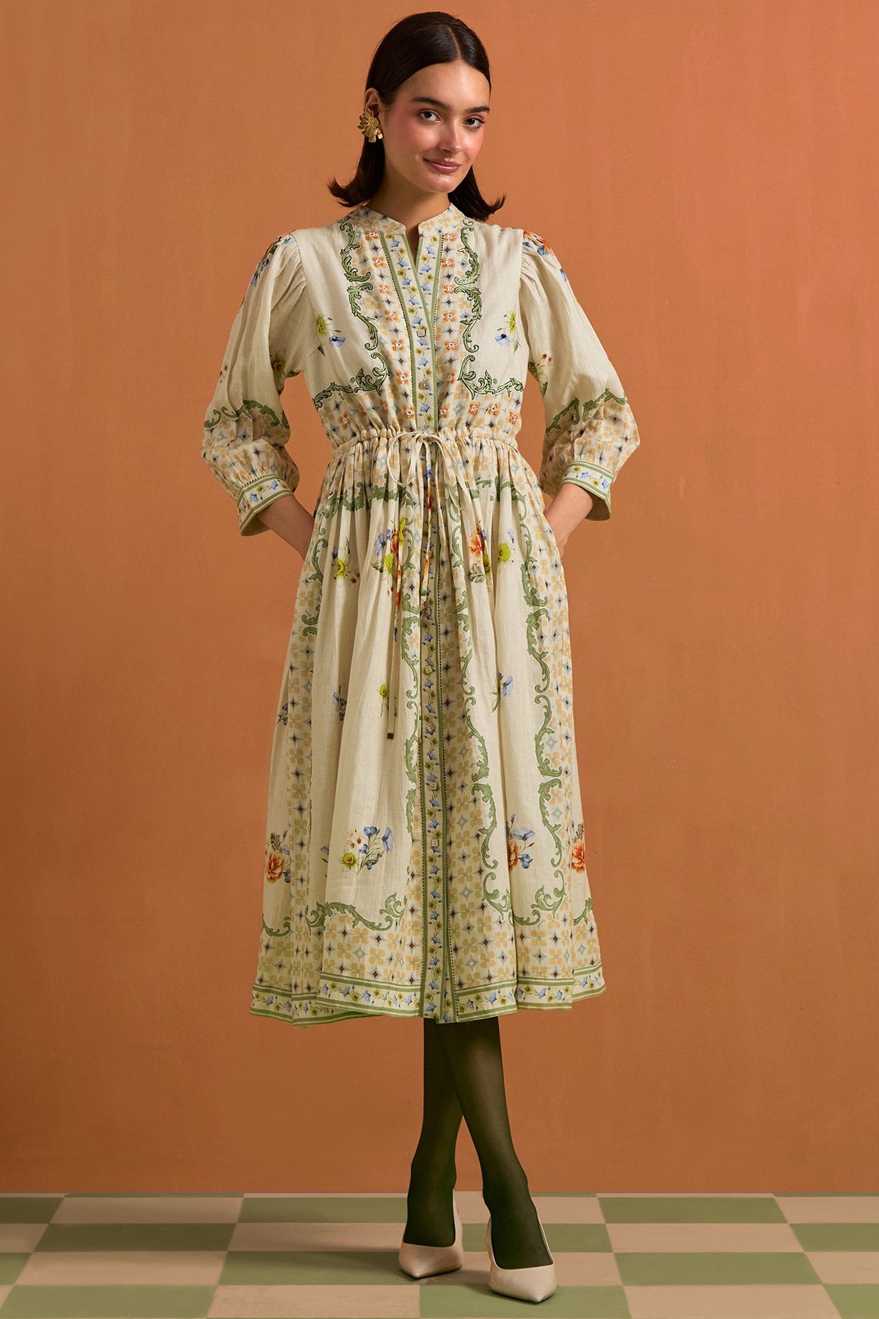 POZRUH Ivory Hemp Hand Embroidered Midi Dress