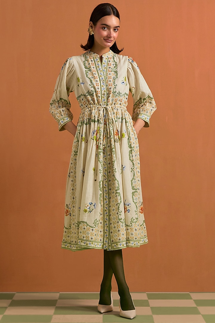 Ivory Hemp Hand Embroidered Midi Vacation Dress by POZRUH at Pernia's Pop Up Shop