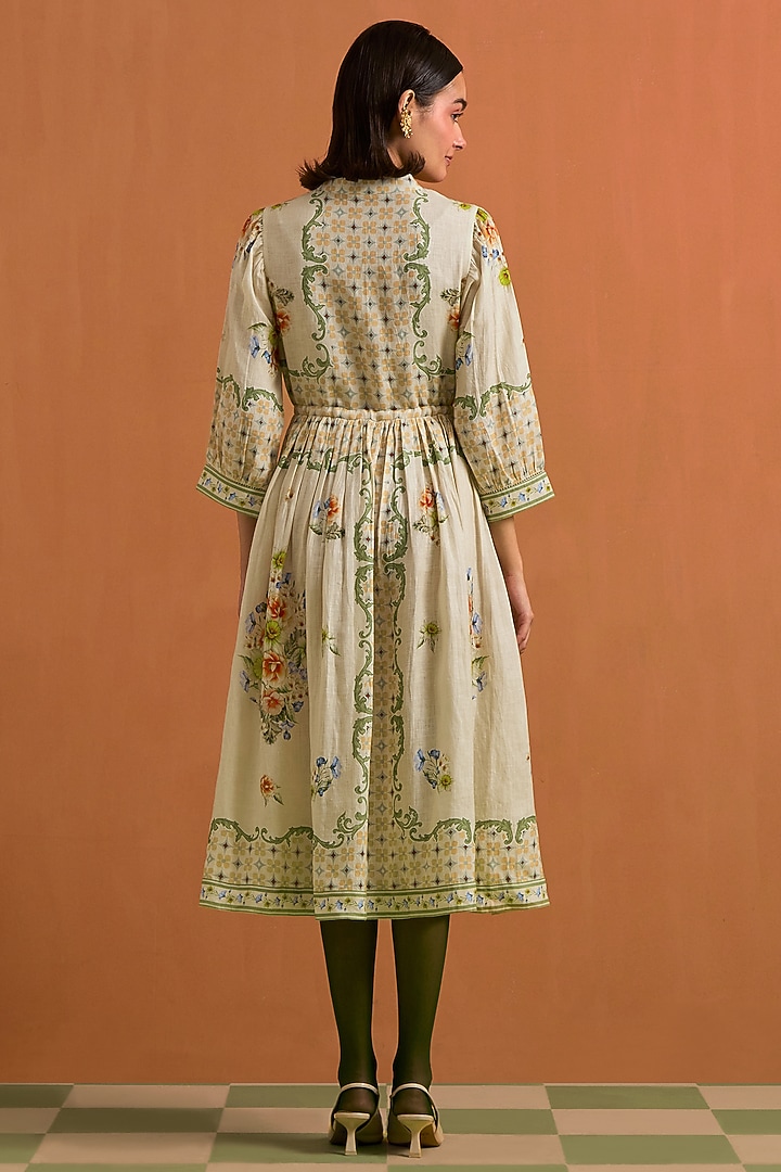 Ivory Hemp Hand Embroidered Midi Vacation Dress by POZRUH at Pernia's Pop Up Shop
