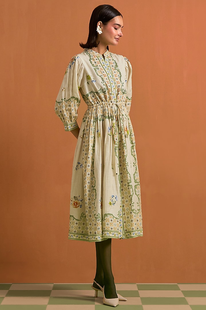 Ivory Hemp Hand Embroidered Midi Vacation Dress by POZRUH at Pernia's Pop Up Shop