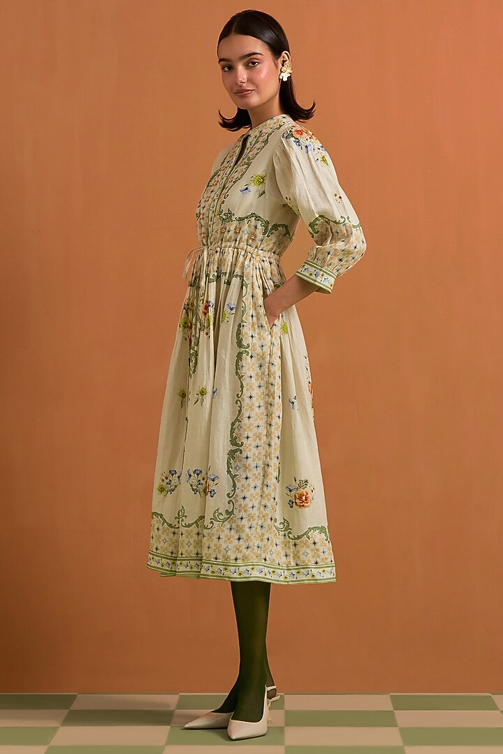Ivory Hemp Hand Embroidered Midi Vacation Dress by POZRUH at Pernia's Pop Up Shop