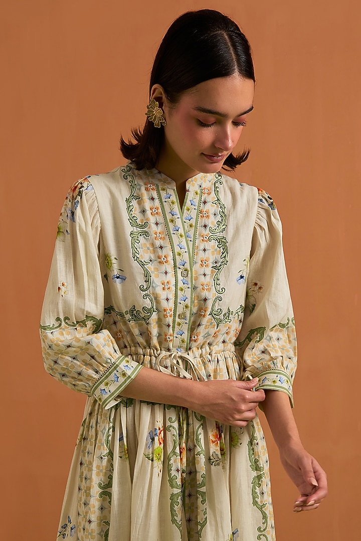 Ivory Hemp Hand Embroidered Midi Vacation Dress by POZRUH at Pernia's Pop Up Shop