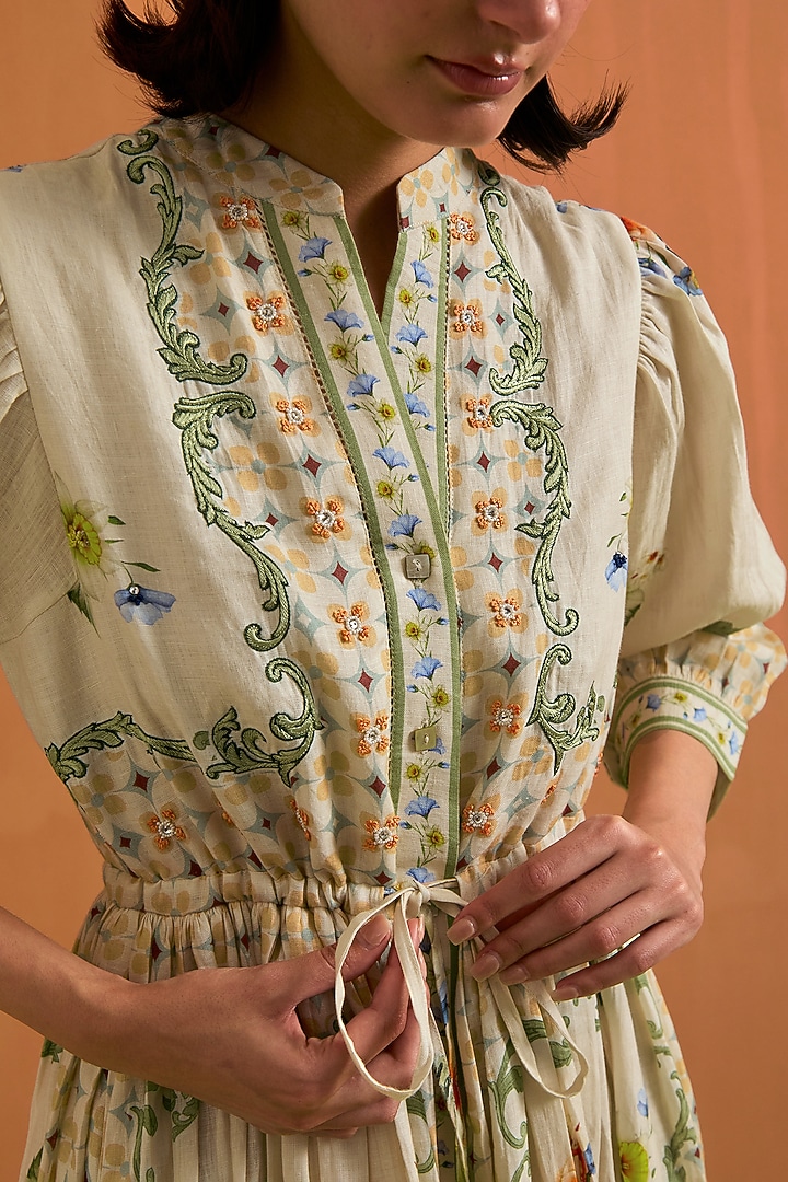 Ivory Hemp Hand Embroidered Midi Vacation Dress by POZRUH at Pernia's Pop Up Shop