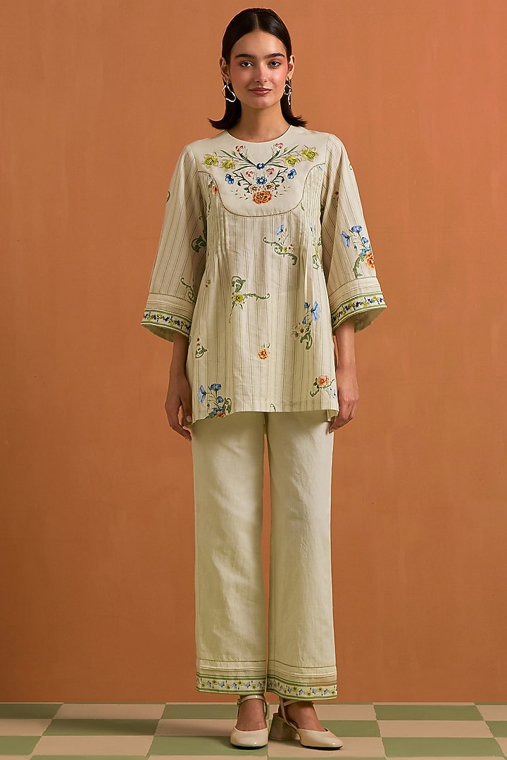 Ivory Tencel Hemp Hand Embroidered Co-Ord Set by POZRUH at Pernia's Pop Up Shop