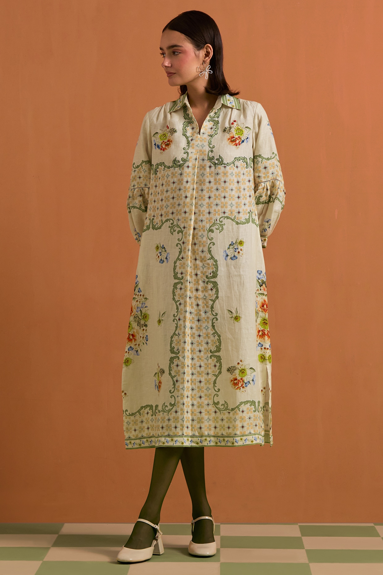 POZRUH Ivory Hemp Hand Embroidered Midi Shirt Dress