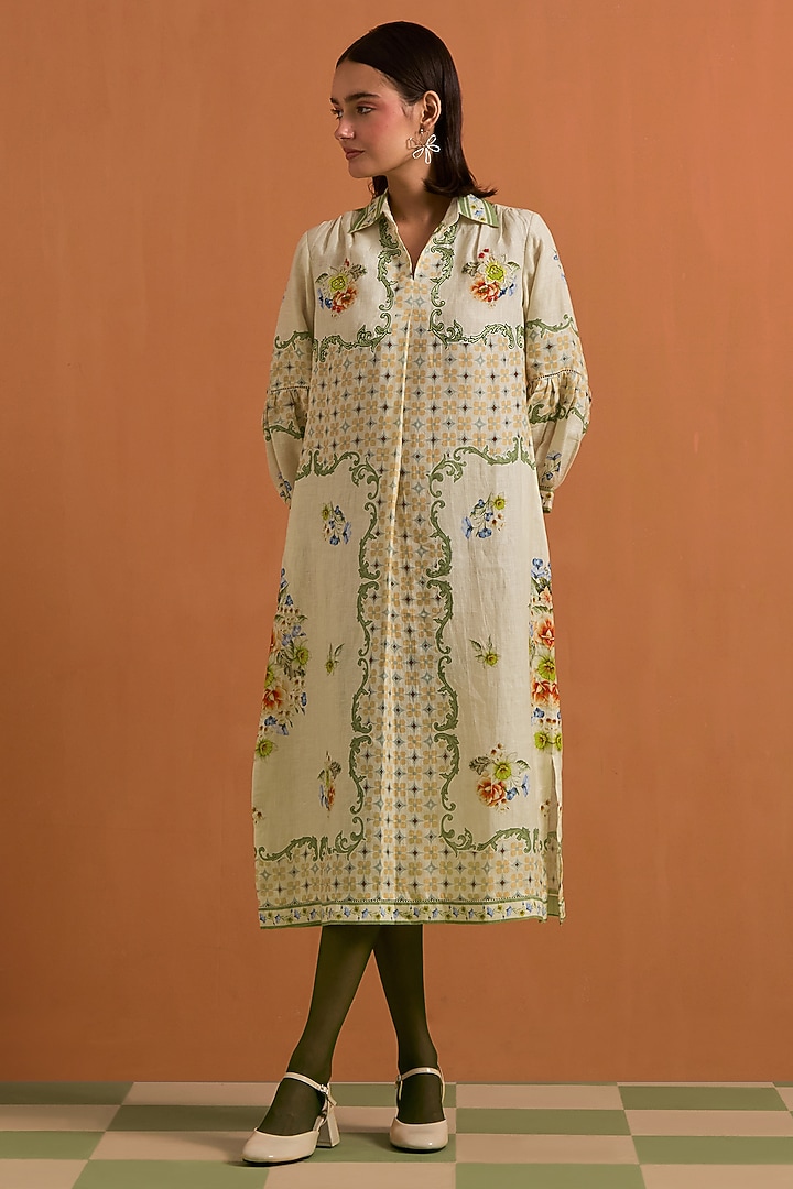 Ivory Hemp Hand Embroidered Midi Vacation Shirt Dress by POZRUH at Pernia's Pop Up Shop