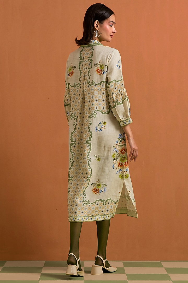 Ivory Hemp Hand Embroidered Midi Vacation Shirt Dress by POZRUH at Pernia's Pop Up Shop