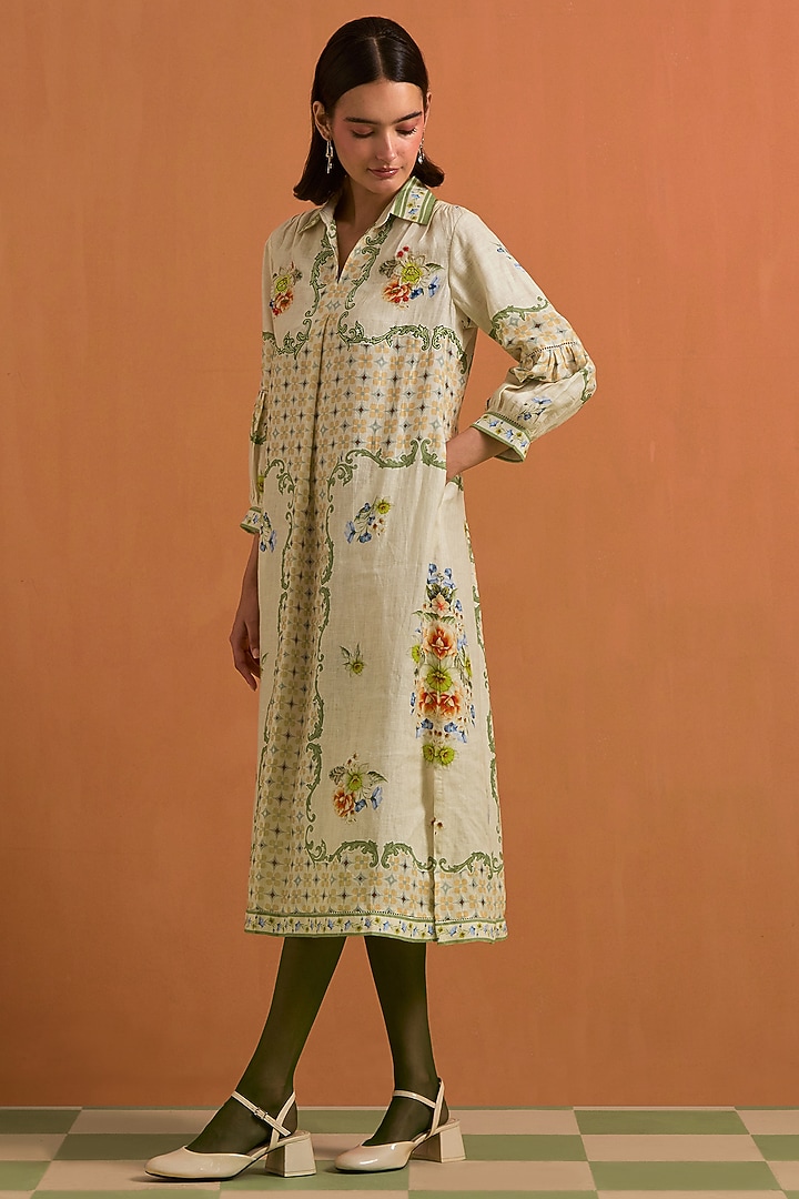 Ivory Hemp Hand Embroidered Midi Vacation Shirt Dress by POZRUH at Pernia's Pop Up Shop