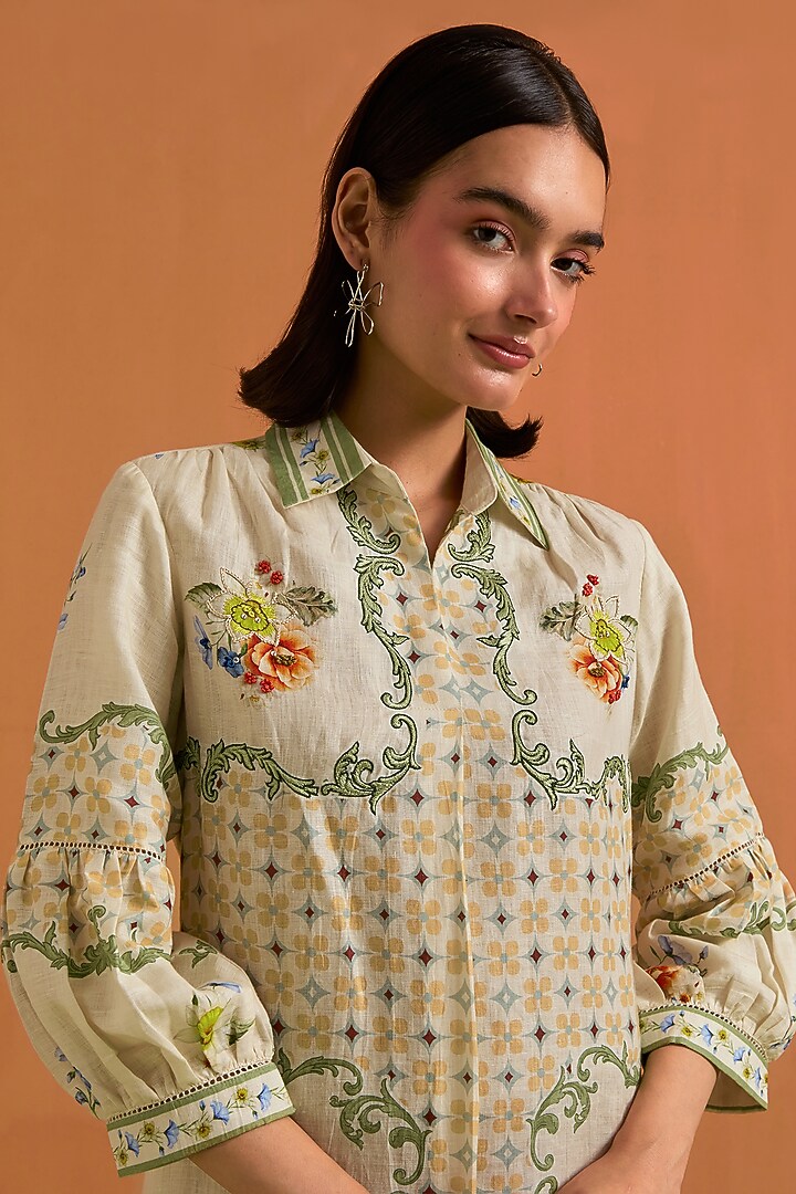 Ivory Hemp Hand Embroidered Midi Vacation Shirt Dress by POZRUH at Pernia's Pop Up Shop