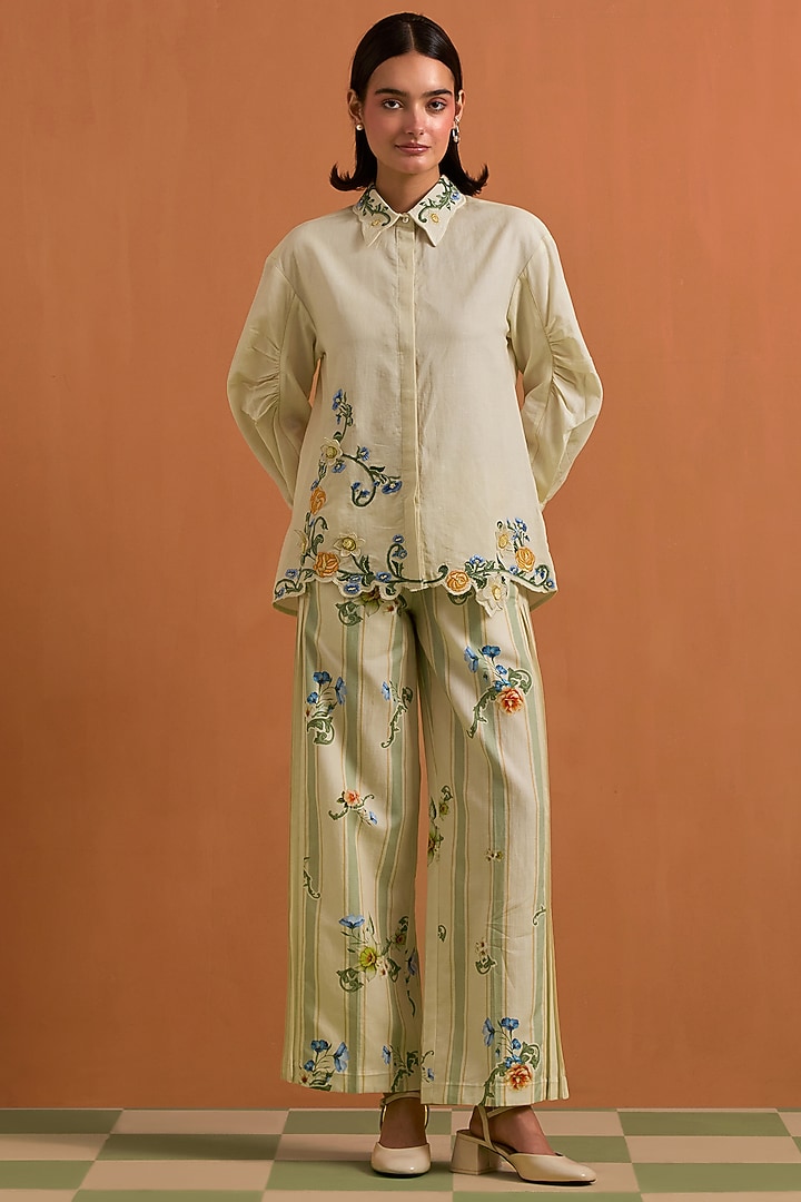 Ivory Tencel Hemp Floral Embroidered Co-Ord Set by POZRUH at Pernia's Pop Up Shop