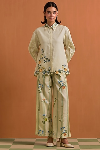 Ivory Tencel Hemp Floral Embroidered Co-Ord Set by POZRUH