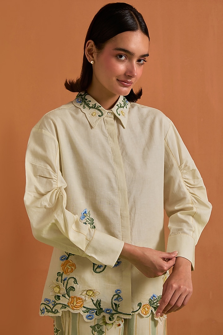 Ivory Tencel Hemp Floral Embroidered Co-Ord Set by POZRUH at Pernia's Pop Up Shop