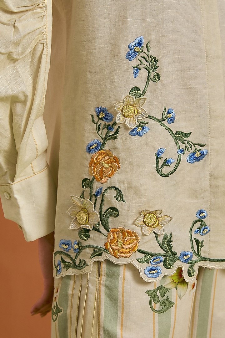 Ivory Tencel Hemp Floral Embroidered Co-Ord Set by POZRUH at Pernia's Pop Up Shop