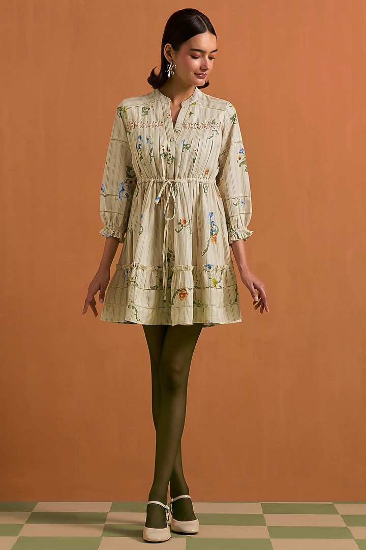 Ivory Tencel Hemp Floral Printed Mini Summer Dress by POZRUH at Pernia's Pop Up Shop