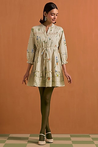Ivory Tencel Hemp Floral Printed Mini Dress by POZRUH