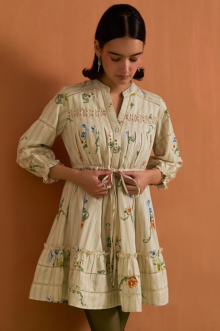 Ivory Tencel Hemp Floral Printed Mini Summer Dress by POZRUH at Pernia's Pop Up Shop