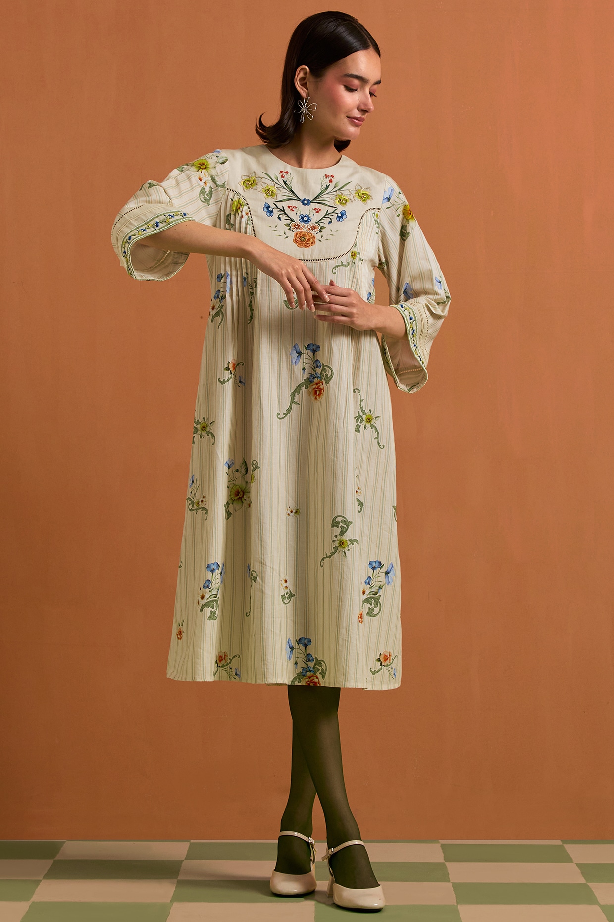 POZRUH Ivory Tencel Hemp Hand Embroidered Dress