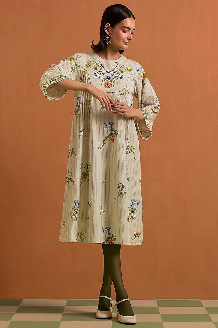 Ivory Tencel Hemp Hand Embroidered Vacation Dress by POZRUH at Pernia's Pop Up Shop