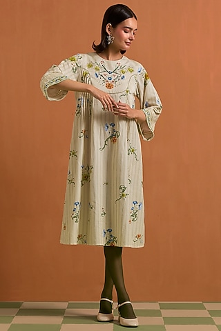 Ivory Tencel Hemp Hand Embroidered Dress by POZRUH