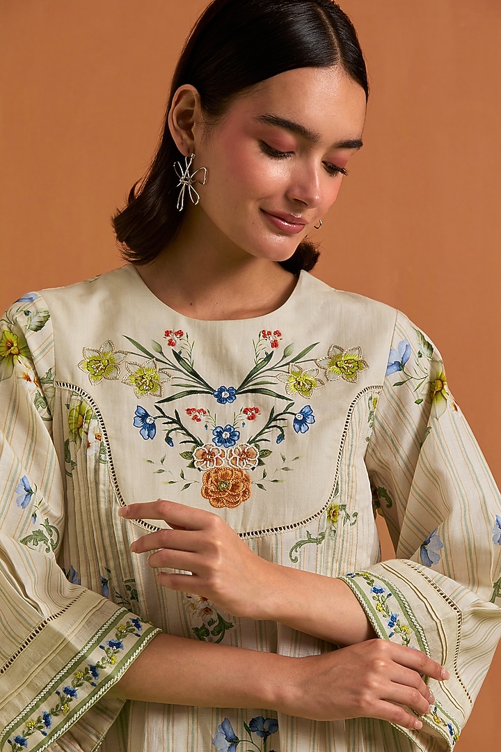 Ivory Tencel Hemp Hand Embroidered Vacation Dress by POZRUH at Pernia's Pop Up Shop