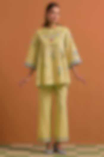 Yellow Tencel Hemp Floral Hand Embroidered Co-Ord Set by POZRUH at Pernia's Pop Up Shop