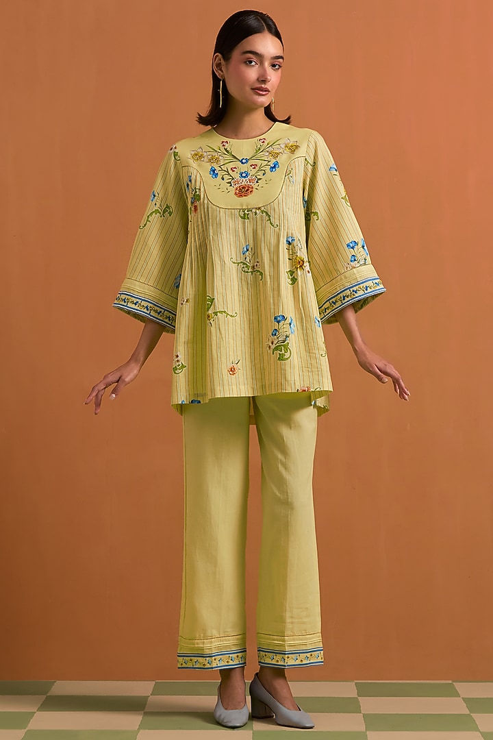 Yellow Tencel Hemp Floral Hand Embroidered Co-Ord Set by POZRUH at Pernia's Pop Up Shop
