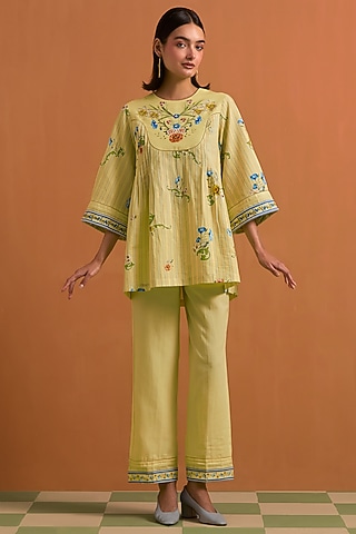 Yellow Tencel Hemp Floral Hand Embroidered Co-Ord Set by POZRUH